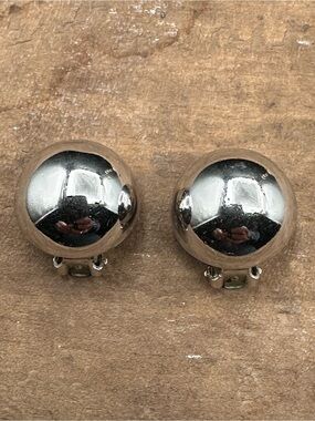 Bergere Silver Tone Dome Clip On Earrings Vintage Signed Button Modernist 1"